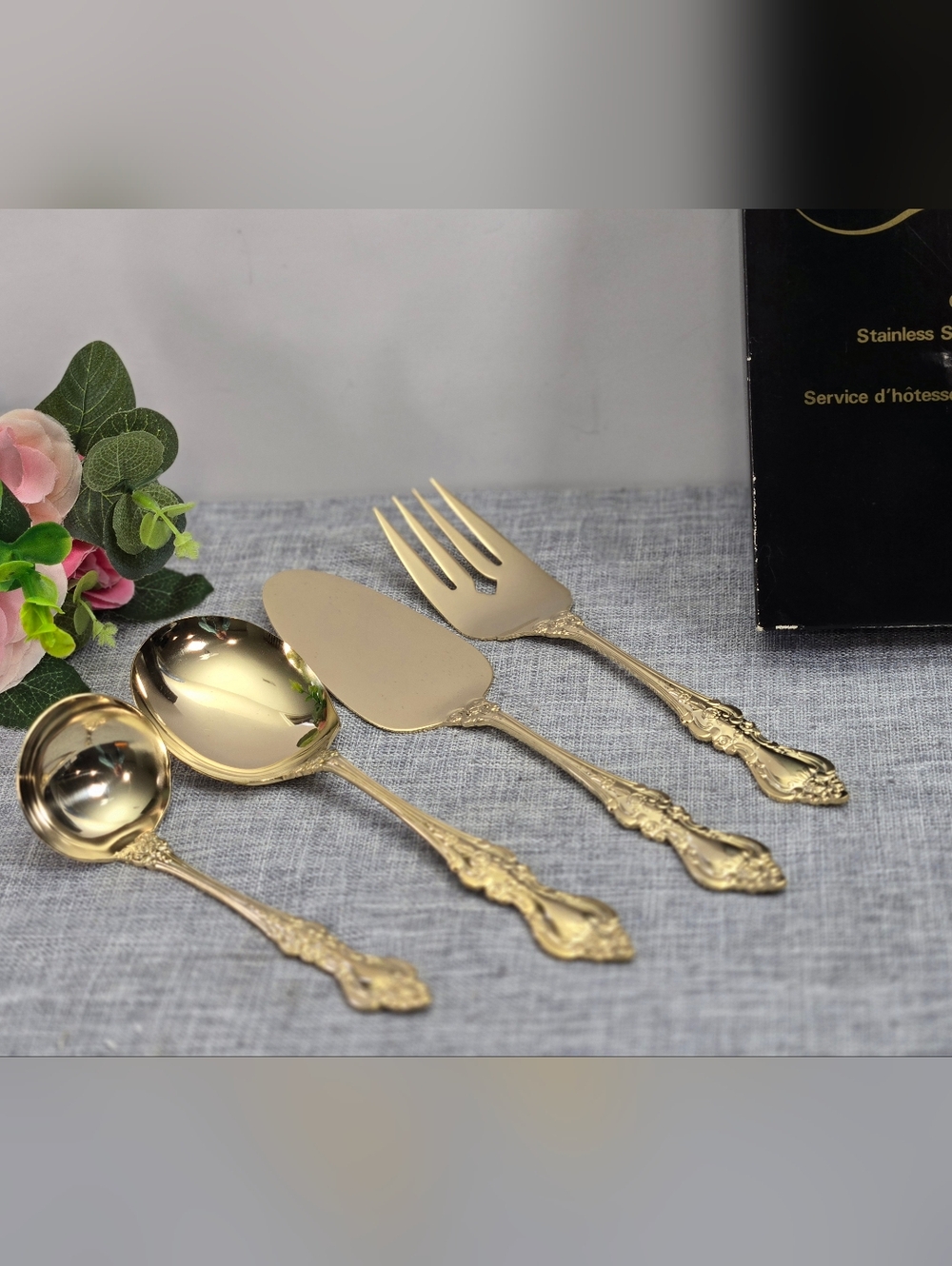 Vintage Royal Sealy Gold Plated Stainless Steel Flatware‎ 4 Pcs Hostess Set New